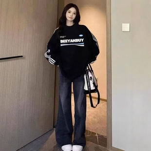 美式复古黑色三条杠拼接套头圆领卫衣女秋冬加绒加厚小个子上衣