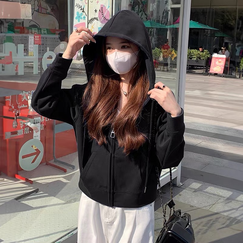 黑色小众短款开衫拉链卫衣外套女