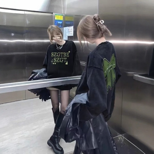 纯棉复古水洗做旧黑色圆领卫衣女2024新款 小众设计感oversize上衣