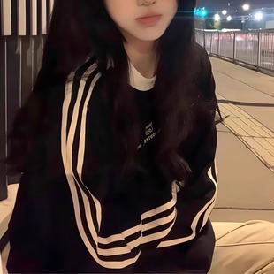 纯棉三条杠黑色设计感小众圆领卫衣女无帽2025秋冬加绒加厚上衣