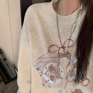 纯棉白灰色圆领卫衣女设计感小众2025秋冬新款加绒加厚超好看上衣