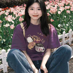 重磅纯棉紫色短袖 设计感宽松慵懒独特别致上衣 t恤女夏季 2025新款
