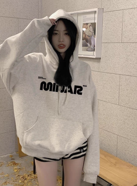 重磅硬挺100%纯棉白灰色连帽卫衣女冬季加绒加厚宽松oversize上衣