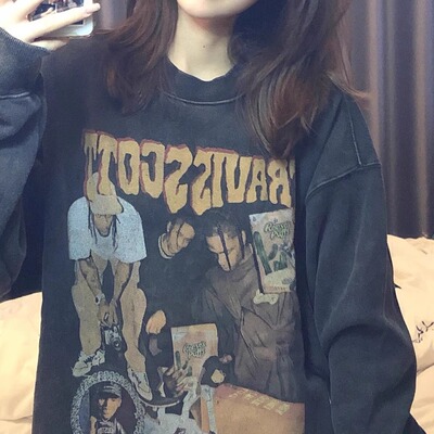 美式高街黑色水洗做旧款无帽卫衣