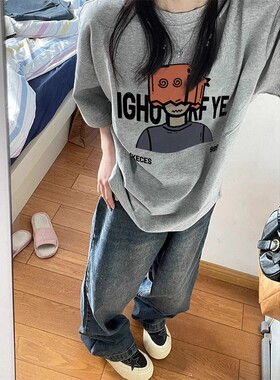 100%纯棉灰色短袖t恤女夏季2023新款潮牌美式宽松显瘦半袖上衣ins