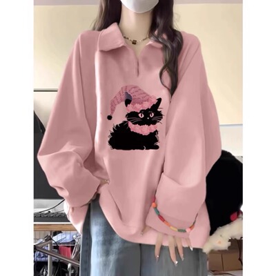 美式学院风粉色半拉链翻领卫衣女