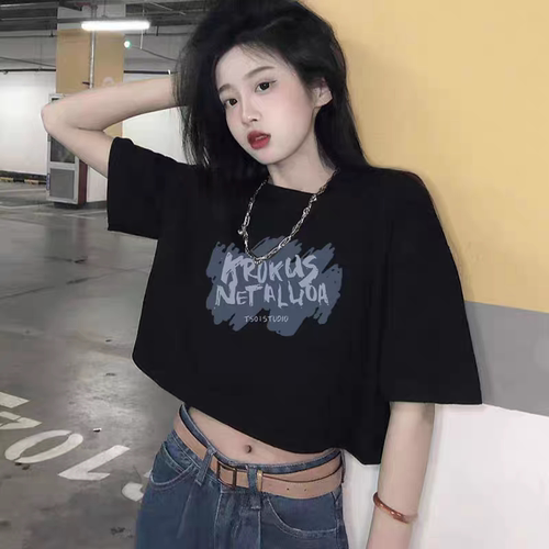 纯棉美式正肩短袖T恤女宽松短款
