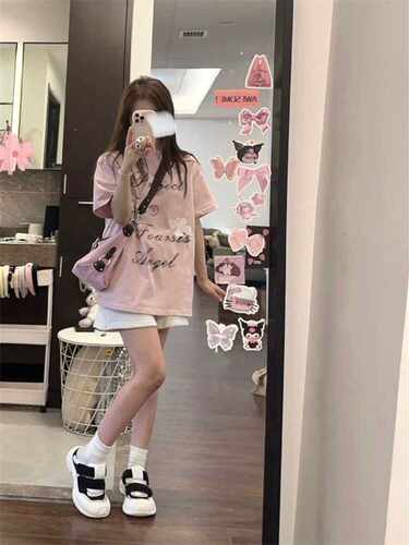 粉色纯棉设计感宽松短袖t恤女
