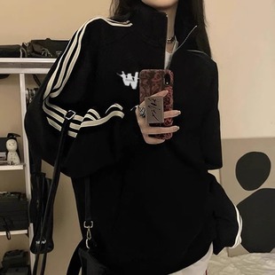 美式潮牌polo衫黑色半拉链卫衣女宽松2025秋冬加绒加厚正流行上衣