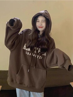 超好看韩版连帽卫衣加绒加厚宽松休闲纯棉复古秋冬新款ins外套女