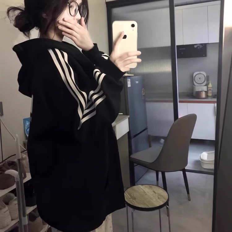 美式潮牌三条杠黑色开衫拉链外套