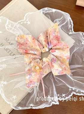 橙色蝴蝶结印花方巾头圈蕾丝花边发绳巨好看大肠发圈绝美头绳头花