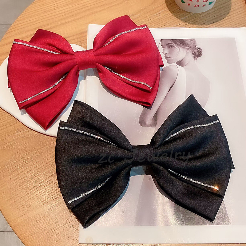 新款多层缎面满钻蝴蝶结发夹高级感气质后脑勺顶夹大号弹簧夹发饰