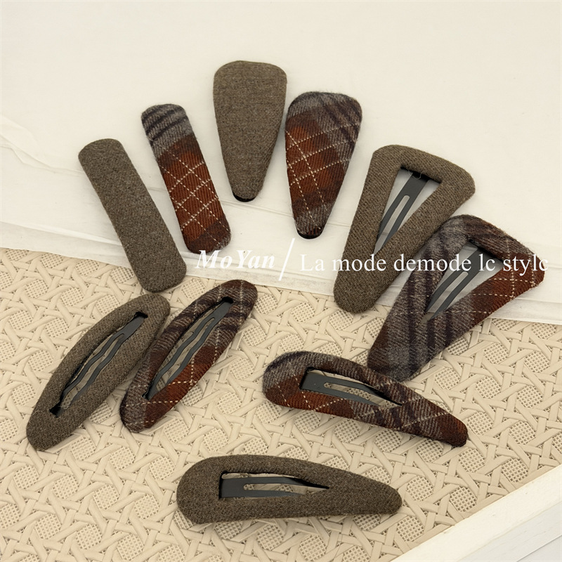 韩版毛呢发夹简约镂空三角bb夹高级感格纹刘海夹百搭侧边夹发卡