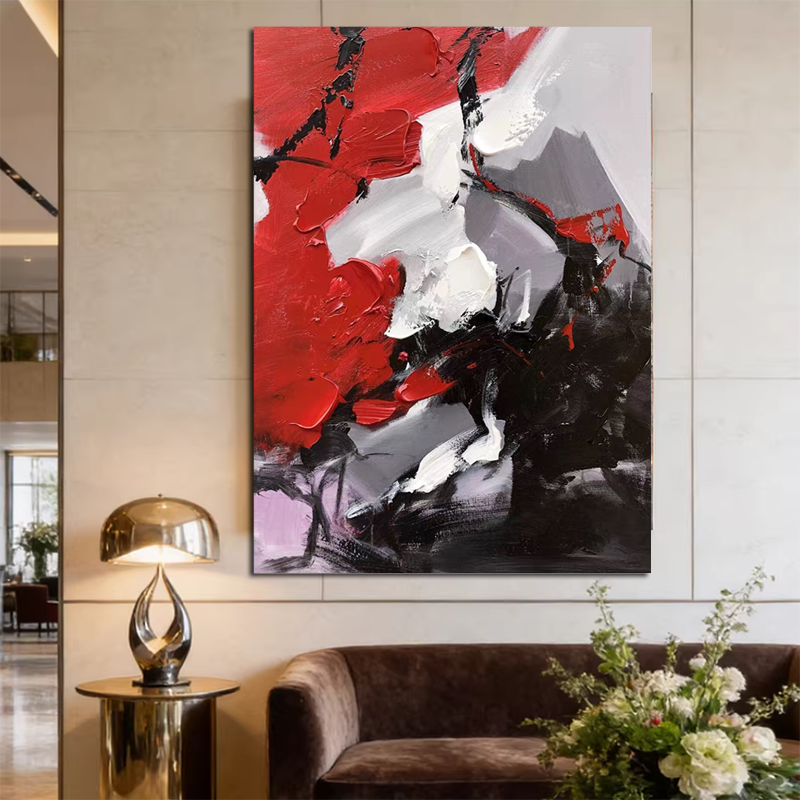 XD纯手绘油画客厅装饰画沙发背景高级感画简约红色民宿画玄关挂画