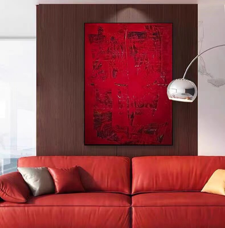 XD纯手绘油画红色客厅侘寂装饰画民宿酒店简约艺术画设计师定制画