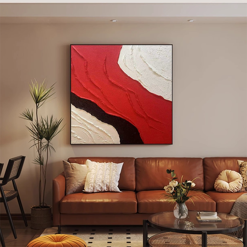 XD手绘油画《百家有福》正方形装饰画红色客厅背景餐厅沙发抽象画
