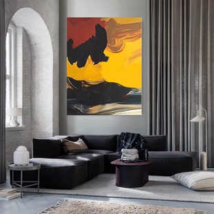 XD手绘油画《橙黄意境》轻奢风艺术感高级画现代抽象客厅装饰画