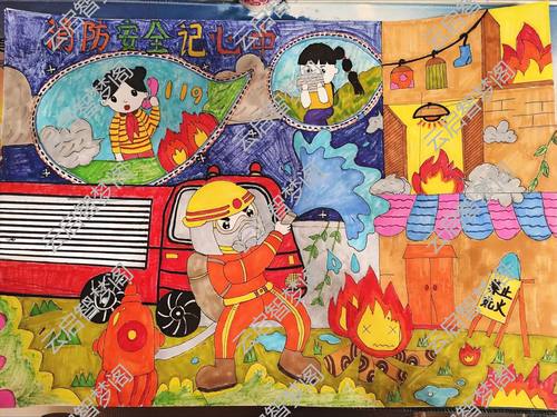 消防安全记心中 儿童画模板小学生预防火灾安全教育绘画黑白线稿