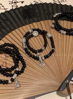 新中式山鬼花钱黑色串珠手链女2025新款爆款国风黑曜石手串手饰品