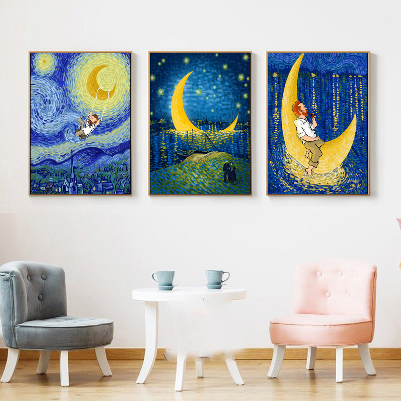 恶搞世界名画大师人物墙壁画ins小众酒店民宿画梵高星夜星空杏花