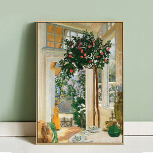 阳光花开院子女欧式人物复古油画装饰画客厅玄关书架鞋柜摆放挂画