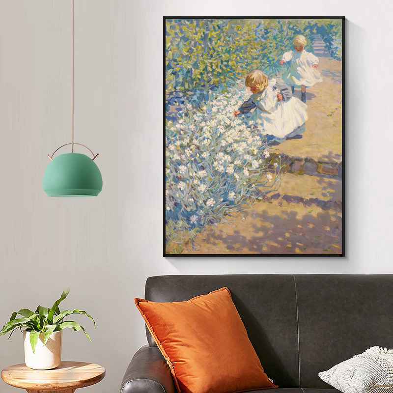花园摘花小女孩欧式印象派莫奈油画装饰画客厅卧室玄关床头挂壁画