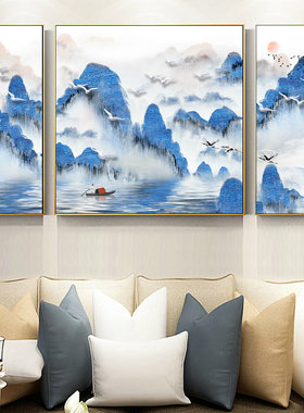 新中式抽象水墨山水线条创意三联玄关装饰画蓝色立体油画客厅书房