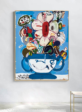 小众蓝色的盆景花卉装饰画现代简约客厅挂画书房卧室玄关床头