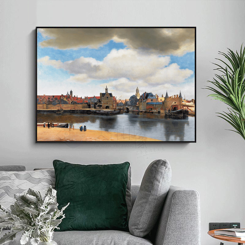 维米尔油画代尔夫特的风景小巷小街海港口挂画世界名画复制品版画