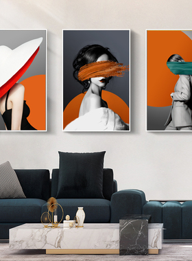 北欧简约爱马橙色美女人物笔刷丝巾抽象挂画简约玄关轻奢装饰画