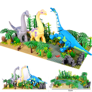 侏罗纪恐龙系列大腕龙蛇颈龙热带雨林植物花草场景拼装玩具积木