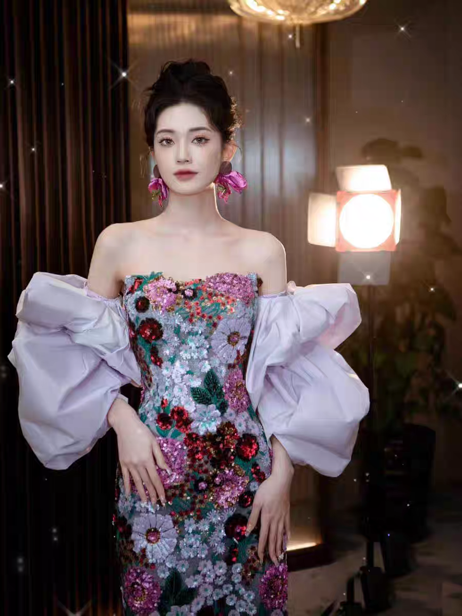 鱼尾晚礼服2024新款轻奢小众高端晨袍敬酒服新娘紫色宴会礼服裙女