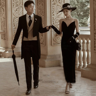 新赫本风法式复古服装街拍婚纱摄影情侣写真露背修身吊带拍照礼服