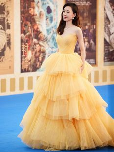 玫瑰的故事刘亦菲同款同款礼服黄色抹胸穿搭宴会名媛气质晚礼服女