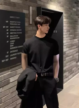 纯黑色成熟稳重显肌肉短袖T恤男cleanfit紧袖口健身重磅半截袖夏