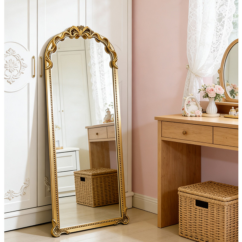 法式拱形高清穿衣镜轻奢蝴蝶结雕花落地全身镜壁挂式玄关装饰镜子