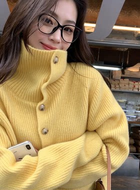 秋冬复古翻领高领宽松针织开衫女