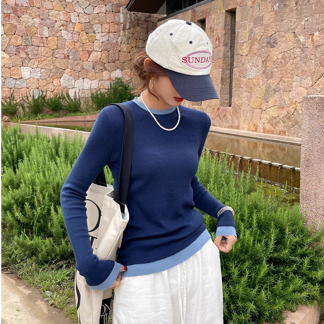 假两件撞色打底衫女内搭2026春秋新款圆领毛衣高级感长袖针织上衣,女装/女士精品,毛针织衫,淘宝优惠券,粉丝福利购,淘宝优惠卷