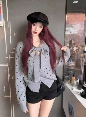 灰色波点针织开衫女装2026秋冬韩系减龄修身百搭毛衣外套简约百搭