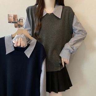 2025秋冬套头衬衣袖 女新款 拼接设计显瘦上衣 假两件长袖 韩系针织衫