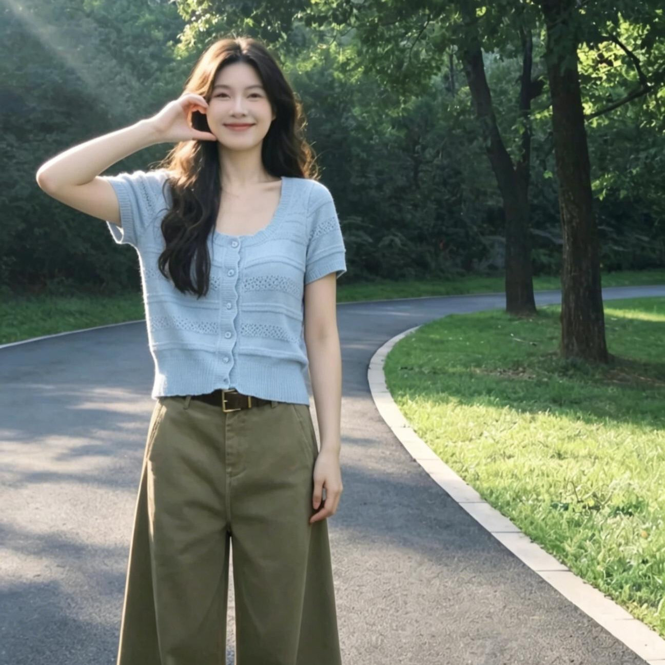 小香风镂空U领杏色针织短袖女图片