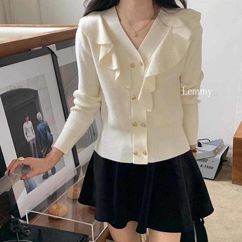 法式荷叶边针织衫衬衫双排花瓣扣