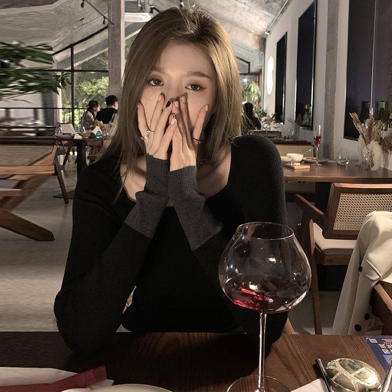 法式锁骨方领针织衫女秋冬洋气内搭撞色贴身打底衫别致高级感毛衣,女装/女士精品,毛针织衫,淘宝优惠券,粉丝福利购,淘宝优惠卷