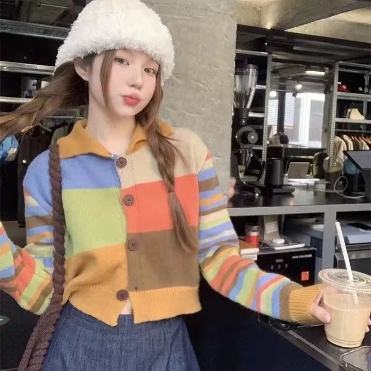 秋冬新款多巴胺彩色毛衣女小众拼色翻领少女宽松长袖针织上衣