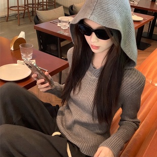 灰色套头毛衣针织衫外套女装秋季新款连帽卫衣修身打底上衣高级感