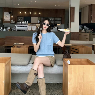 麻花肌理感刺绣短袖毛衣女夏新款宽松小个子针织衫蓝色麻花纹上衣
