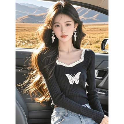 法式木耳边方领针织打底衫女内搭设计感小众2026秋冬长袖上衣毛衣