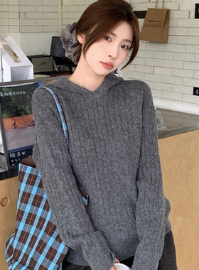 韩系灰色麻花连帽套头毛衣女2026新款秋冬宽松氛围感慵懒针织上衣