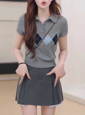 菱格polo领针织衫女休闲夏灰色短袖t恤2026新款欧货时尚百搭显瘦